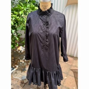 NWT Hunter Bell Carter Blk Cotton Poplin Button Frnt Lace Trim LS Mini Dres SZ S